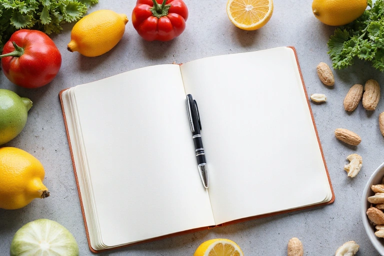 Tavolo con quaderno, penna e cibo sano, simbolo di conoscenza e apprendimento nel campo della nutrizione.