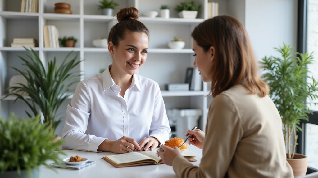 Professionista della nutrizione in un ambiente moderno e accogliente mentre consiglia un paziente
