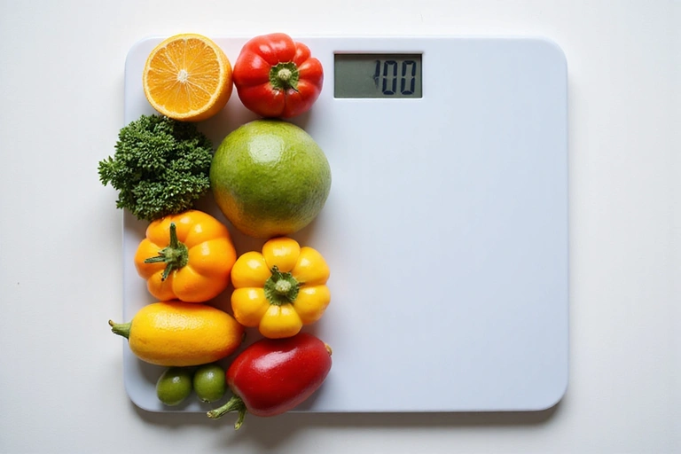 Frutta, verdura e una bilancia, simbolo di gestione del peso e alimentazione sana