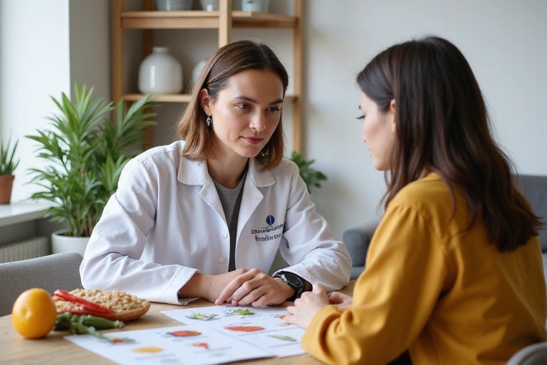 Persona che parla con un nutrizionista in un ambiente professionale e accogliente