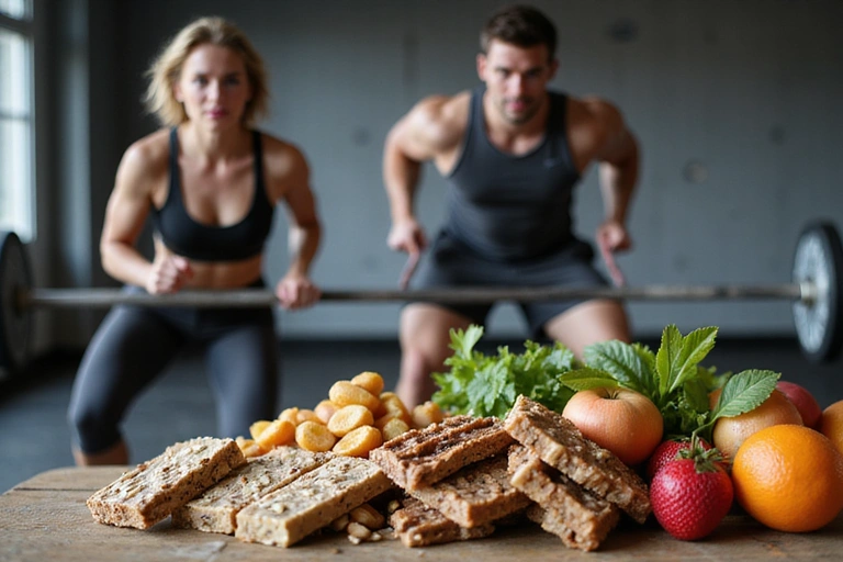 Persona che fa sport e cibo energetico come frutta secca e barrette proteiche